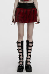 Black/Red Faux Fur Stitching Faux Leather Lace-Up Women's Punk Skirt